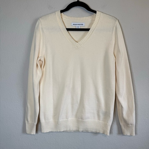 Amazon Essentials Ivory Cream V Neck Long Sleeve Cotton Sweater Size Medium - Picture 2 of 9